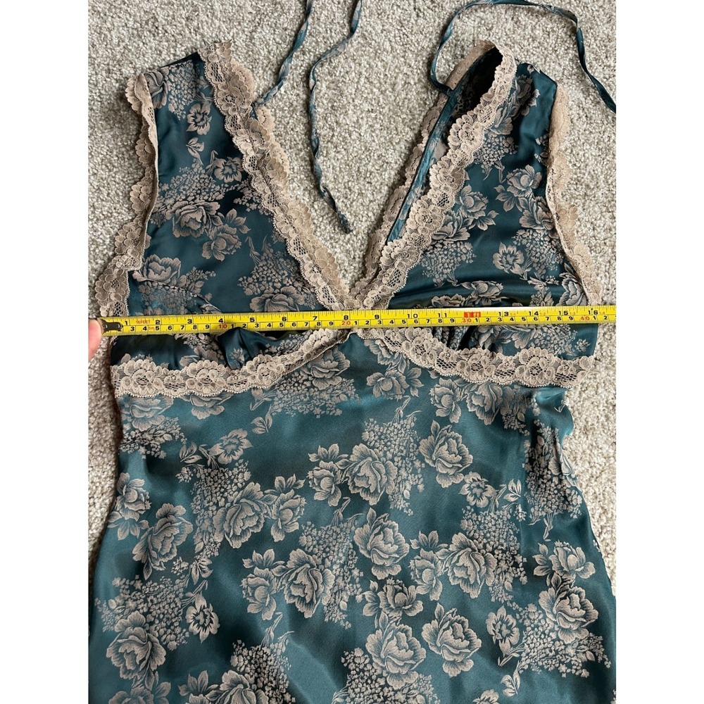 Teal Floral Satin Maxi Slip Dress Lace Trim M Y2K Whimsigoth Fairycore Ethereal - Picture 8 of 10